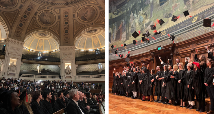 Photo du Grand Amphithéâtre et des étudiants qui lancent leur chapeau sur la scène